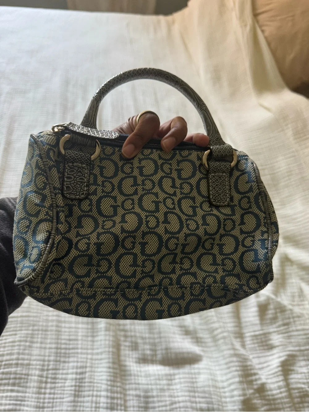 Vintage Y2K Guess Blue Jacquard Logo Satchel with Silver-Tone Hardware